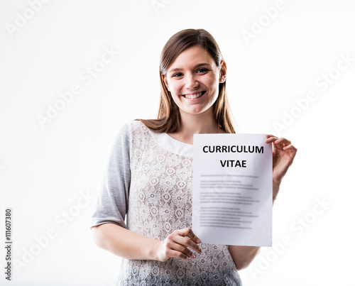 young woman showing her curriculum vitae