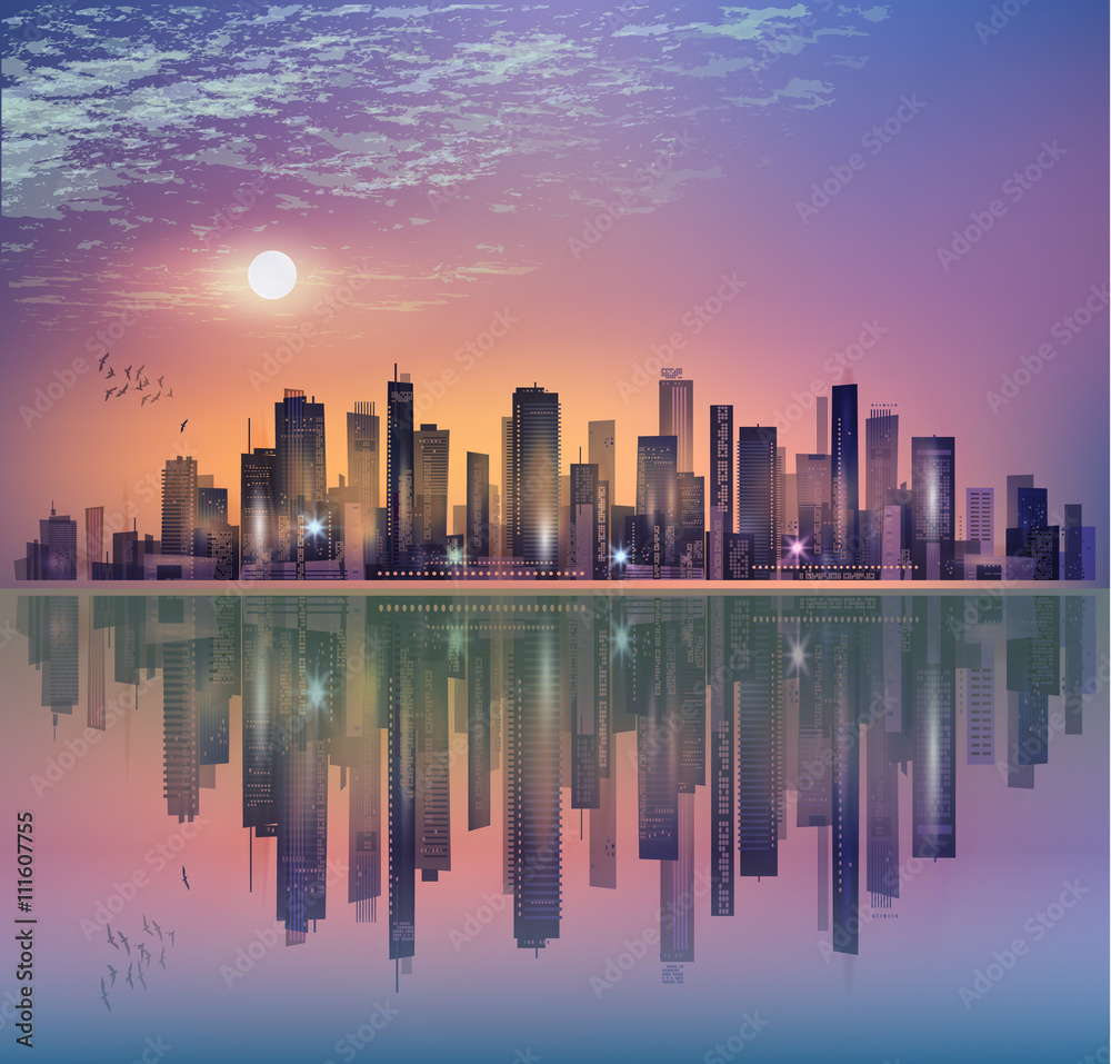 Modern night city landscape in moonlight or sunset, with reflection in water and cloudy sky