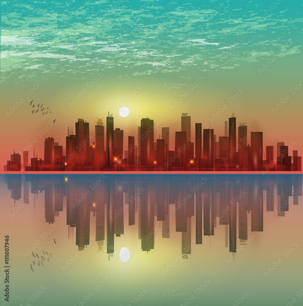 Modern night city skyline in moonlight or sunset, with reflection in water and cloudy sky
