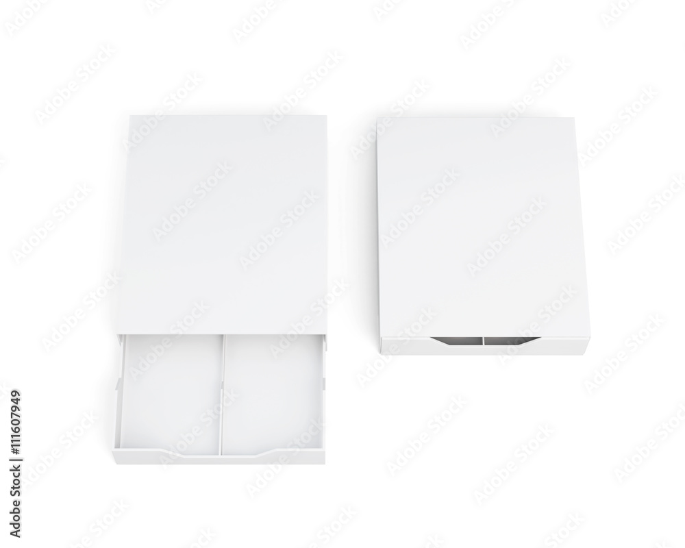 Open and closed boxes isolated on white background. Front view. Top view. 3d render image Open and closed boxes isolated on white background. Front view. Top view. 3d render image