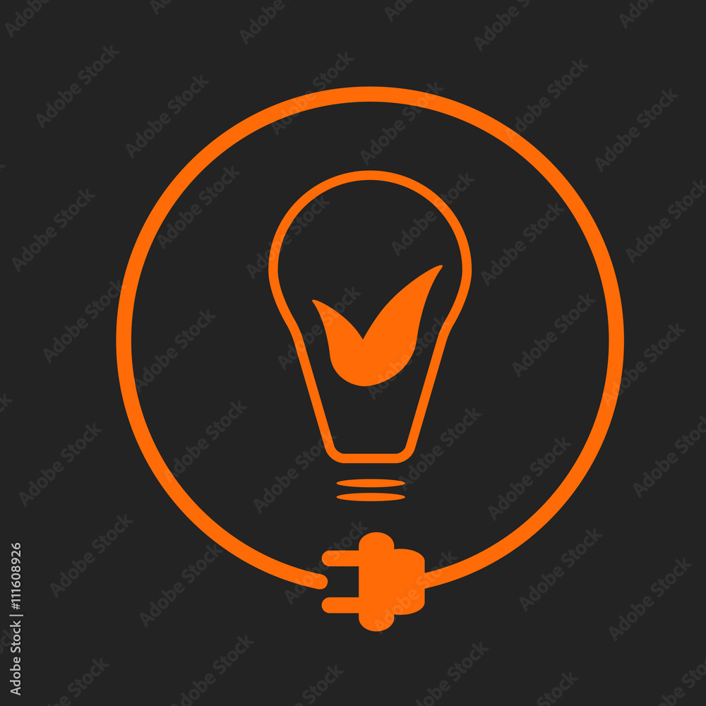 Bulb with leaves in a circle with plug as symbol of eco-friendly energy source. Orange sign on black background Bulb with leaves in a circle with plug as symbol of eco-friendly energy source. Orange sign on black background
