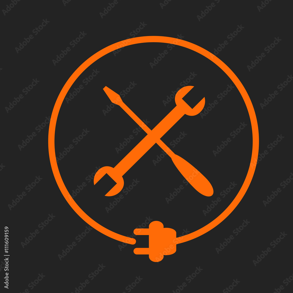 Crossed tools in the circle with plug, electricity maintenance. Orange sign on black background Crossed tools in the circle with plug, electricity maintenance. Orange sign on black background