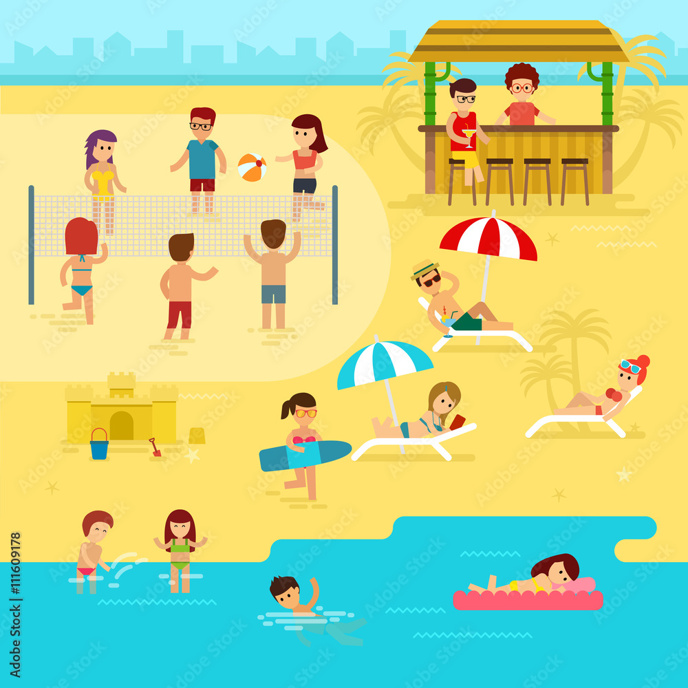 People are resting on the beach, summer vacation by the sea vector flat illustration. Beach infographic elements People are resting on the beach, summer vacation by the sea vector flat illustration. Beach infographic elements