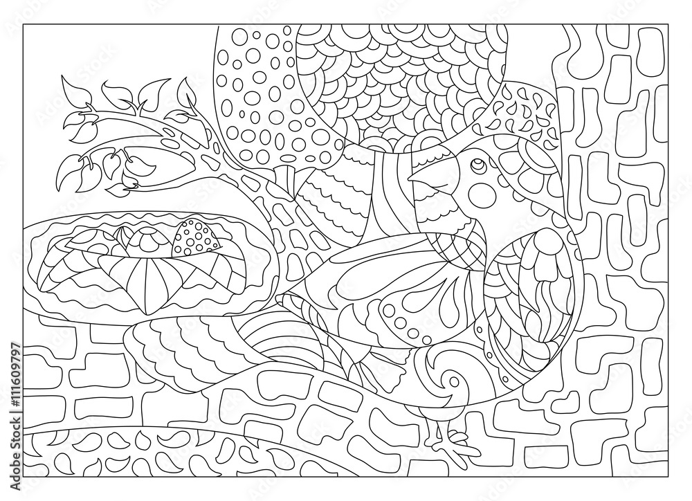 Obraz premium Nesting bird coloring page for adults vector illustration