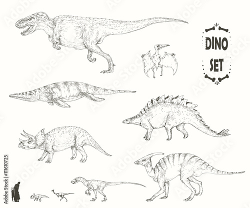Set of silhouettes of skeletons of dinosaurs and fossils. Hand drawn vector illustration. Silhouettes of man and children, comparison of sizes, realistic size.