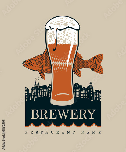 banner with a glass of beer and a fish on a background of the old town