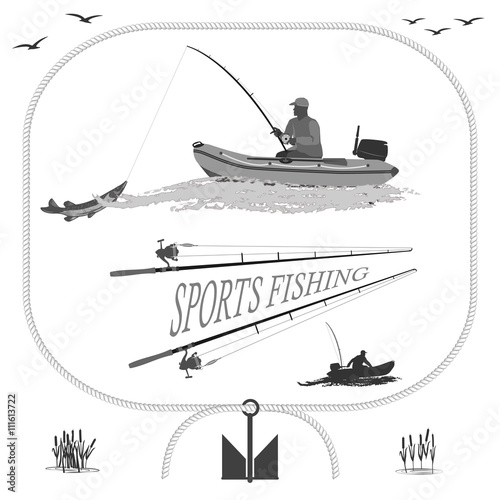 A fisherman in a boat fishing, silhouette. A rubber boat top and side, near Spinning and landing net. fish called Pike.
  totally vector illustration

