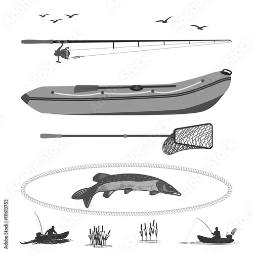 A fisherman in a boat fishing, silhouette. A rubber boat top and side, near Spinning and landing net. fish called Pike.
  totally vector illustration
