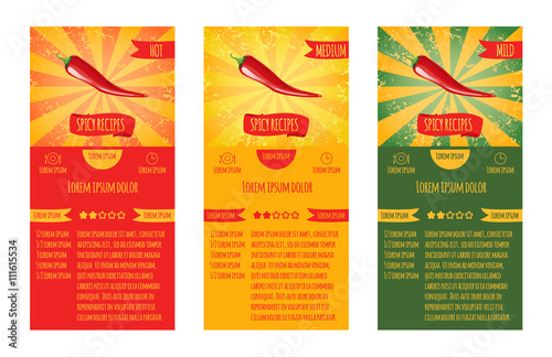 Three leaflets design recipes spicy dishes. Degree of severity: hot, spicy, mild.