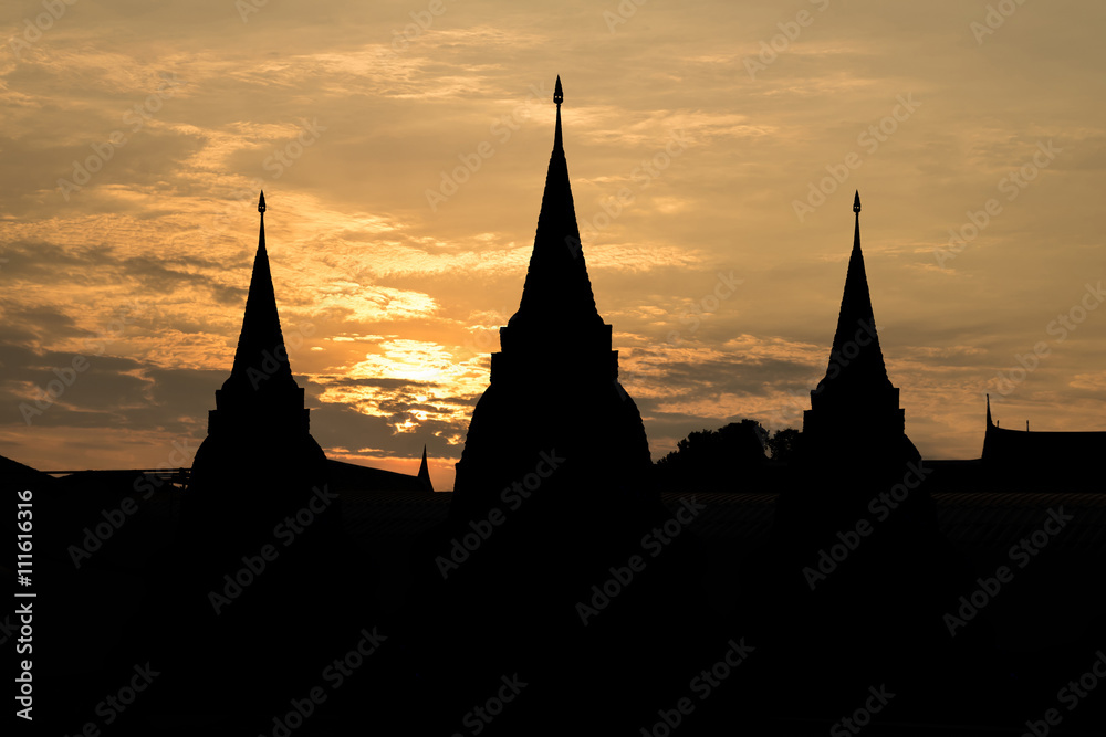 Silhouette,blurry,art tone of temple with beautiful evening sky