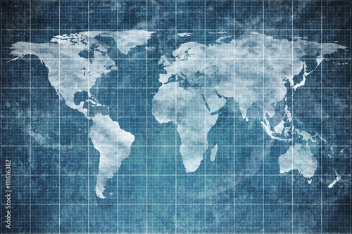 world map on old blueprint background texture. Technical backdrop paper. Concept Technical / Industrial / Business / Engineering