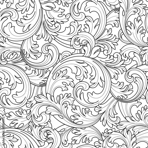 Vintage baroque frame scroll ornament engraving border floral retro pattern antique style acanthus foliage swirl decorative design element filigree calligraphy vector | damask - stock vector