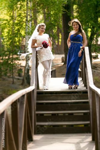 Beautiful bride posing with bridesmaid on wooden bridge © Кирилл Рыжов