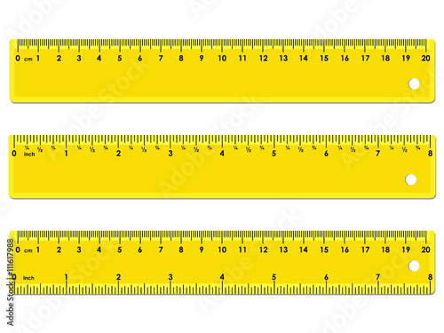 Set of three yellow rulers, marked in centimeters, inches and combined, rectangular shape. Graduation of inches ruler of 1/16