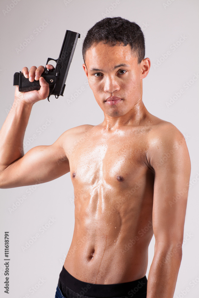 Fit, Shirtless Asian Man With Gun Stock Photo Adobe Stock