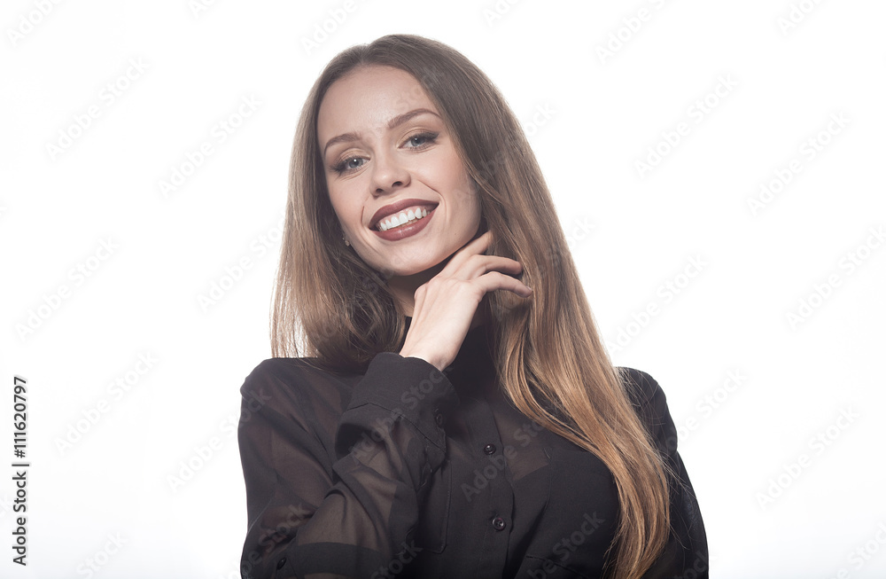 Beautiful woman face. Perfect toothy smile. Caucasian young girl close up portrait. red lips, skin, teeth. On white background. Studio shot . happy positive girl. Beautiful woman face. Perfect toothy smile. Caucasian young girl close up portrait. red lips, skin, teeth. On white background. Studio shot . happy positive girl.