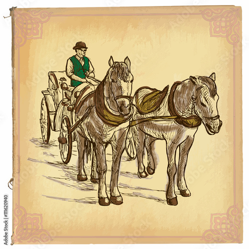 An hand drawn vector, colored line art - Horses