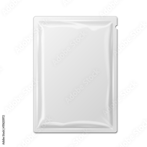 White Mock Up Blank Foil Packaging Medicine Drugs Or Coffee, Salt, Sugar, Pepper, Spices, Sachet, Sweets, Candy Or Condom. Plastic Pack Ready For Your Design. Snack Product Vector. Hang Slot Blister