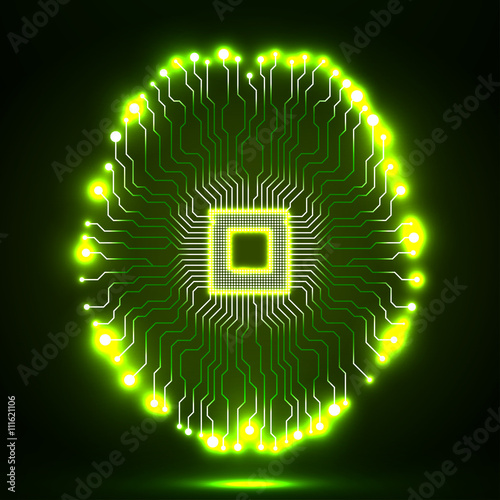 Neon brain. Cpu. Circuit board. Abstract technology background