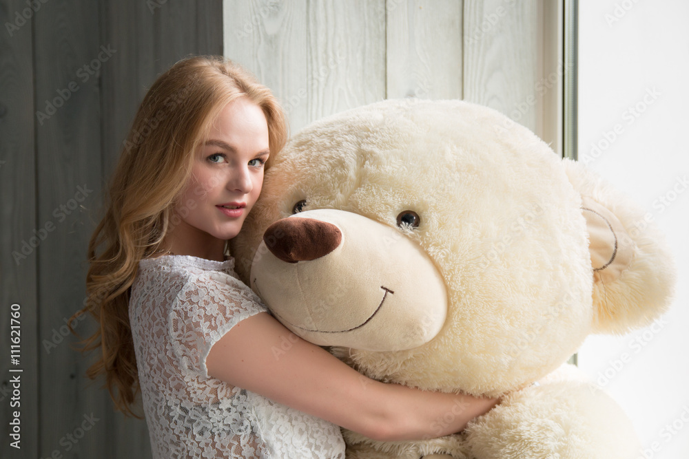 Cute Girl Posing with Teddy Bear Stock Image - Image of background, home:  170697795