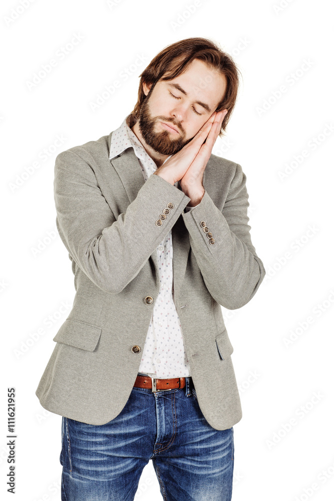 businessman standing and doing a sleep gesture. human emotion e businessman standing and doing a sleep gesture. human emotion e