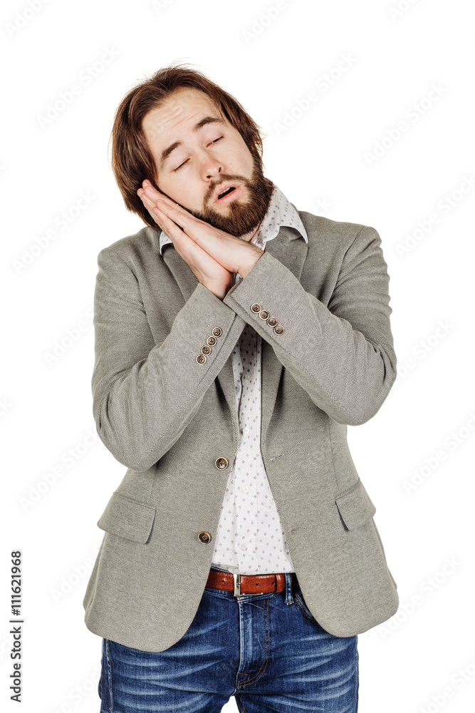 businessman standing and doing a sleep gesture.  human emotion e