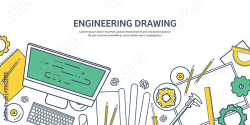 Lined, outline. Vector illustration. Engineering and architecture. Computer, software. Drawing, construction. Architectural project. Design, sketching. Workspace with tools. Planning, building.
