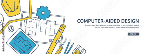 Lined, outline. Vector illustration. Engineering and architecture. Tablet, software. Drawing, construction. Architectural project. Design, sketching. Workspace with tools. Planning, building.