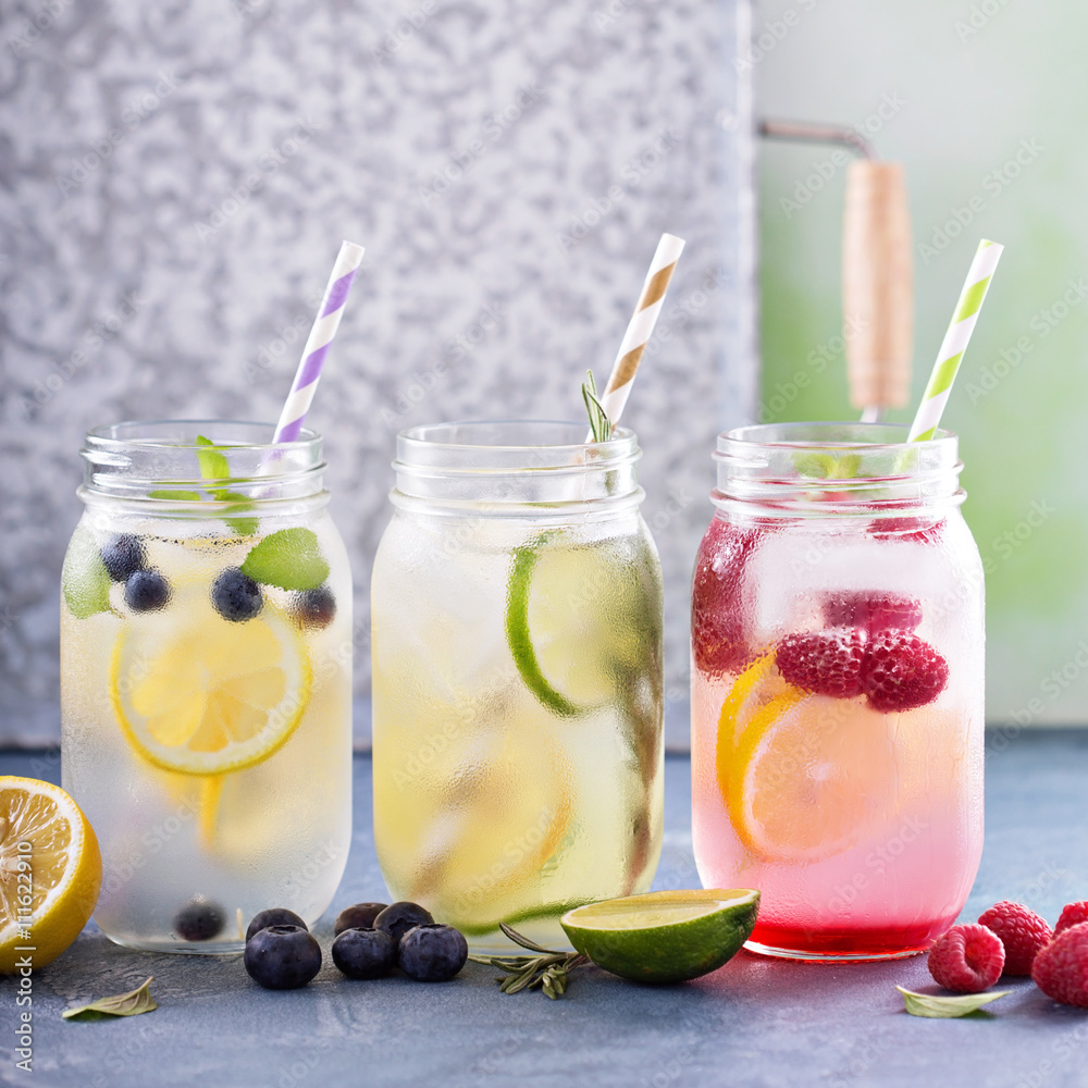 Variety of lemonade in jars Variety of lemonade in jars