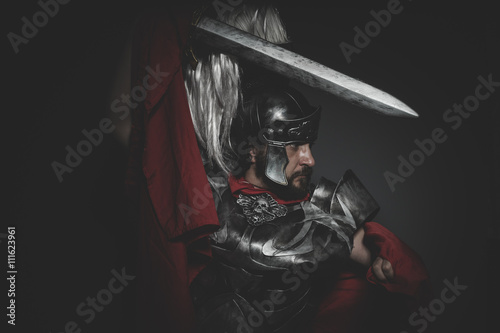 Fighter, Praetorian Roman legionary and red cloak, armor and swo