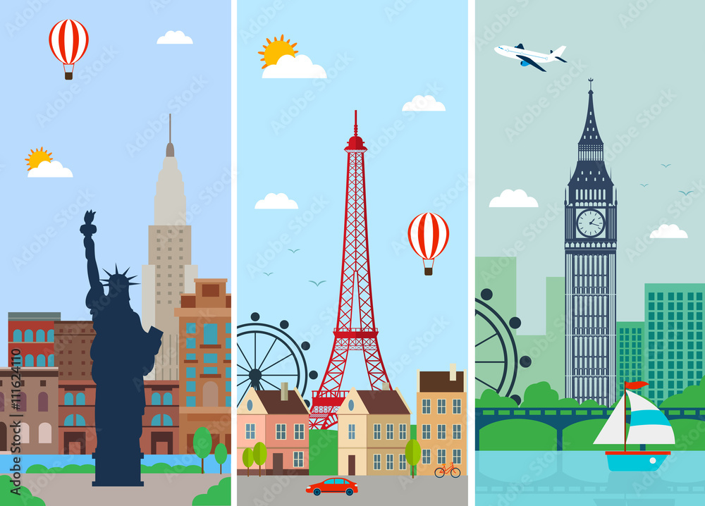 Fototapeta premium Cities skylines design with landmarks. London, Paris and New York cities skylines design with landmarks. Vector
