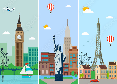 Cities skylines design with landmarks. London, Paris and New York cities skylines design with landmarks. Vector #111624106