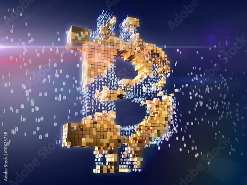 Numbers turning into golden bitcoin sign. Blockchain concept. 