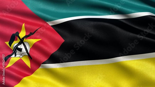 Seamless loop of flag of Mozambique waving in the wind with highly detailed fabric texture.