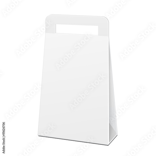 White Cardboard Carry Box Bag Packaging With Handles For Food, Gift Or Other Products. Illustration Isolated. Mock Up Template Ready For Your Design. Vector EPS10