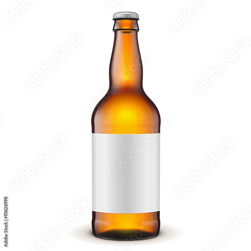 Glass Beer Brown Bottle With Label On White Background Isolated.  Illustration Isolated On White Background. Mock Up Template Ready For Your Design. Vector EPS10