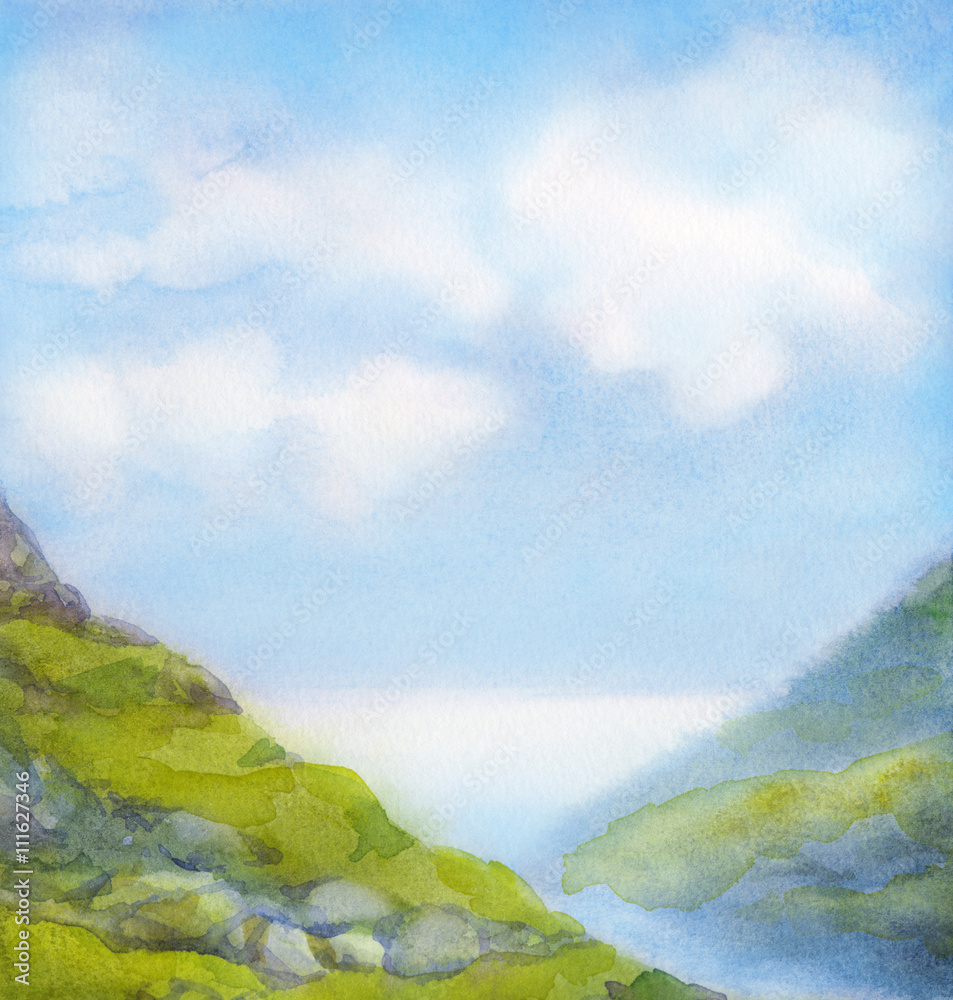 Watercolor landscape. Cloudy summer day in mountains near lake
