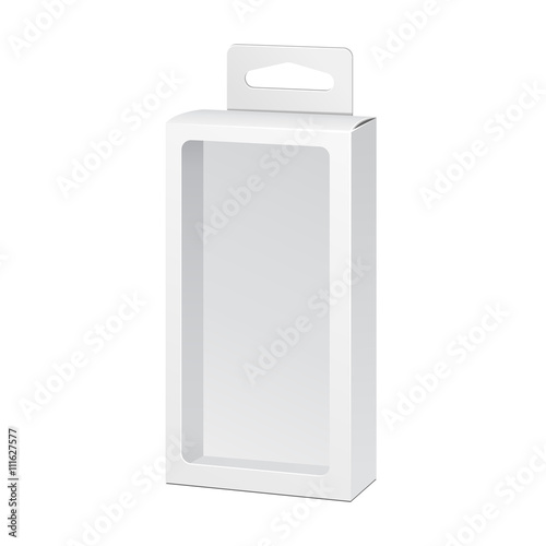 White Product Package Box With Window Illustration Isolated On White Background. Mock Up Template Ready For Your Design. Product Packing Vector EPS10