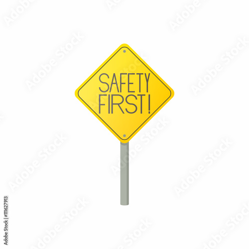 Safety first road sign icon, cartoon style