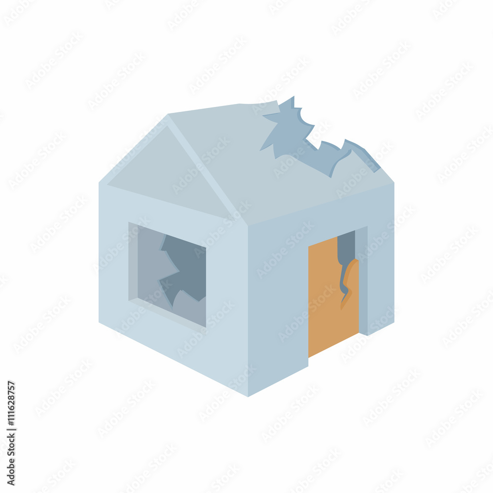 Destroyed house icon in cartoon style Destroyed house icon in cartoon style