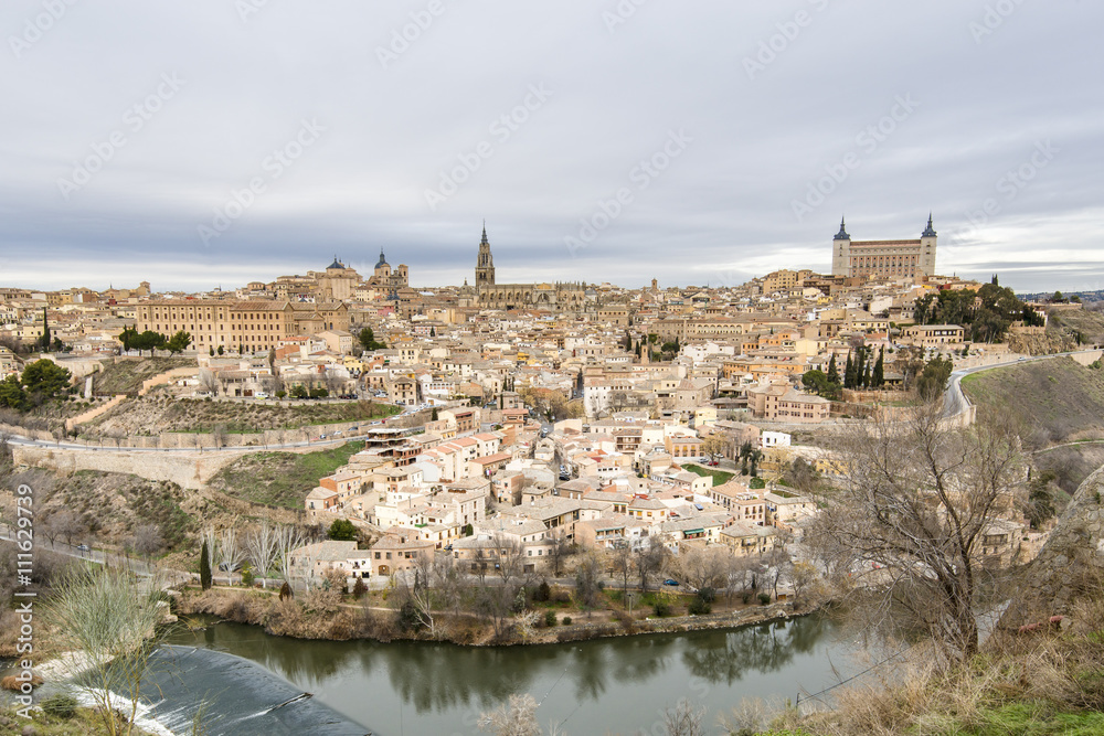 Panoramic view of the ancient city of Toledo, Tagus River. Spain