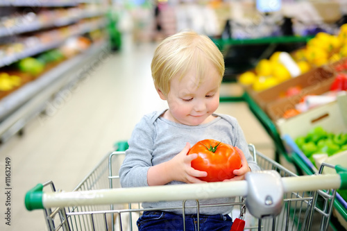 Toddler boy sitting in the shopping cart in a food store