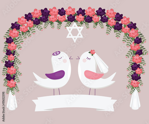 Chuppah with birds. Jewish wedding invitation.