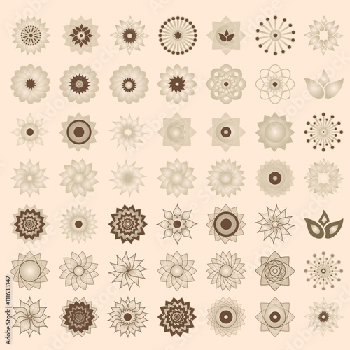 Pack of 49 transparent light ivory abstract geometric flowers logo template. Business abstract icon. Use for logo, sign, symbol, web, label, icon. Vector illustration