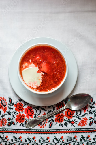 Top view of Borsch - traditional Ukrainian cuisine. 