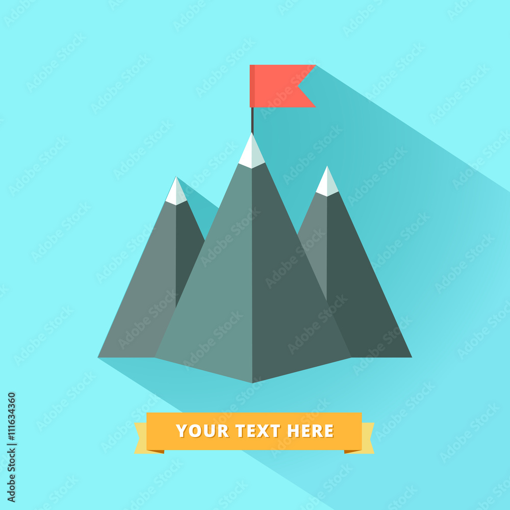 Success or Goal Achievement logo concept. Top of the mountains with red flag and ribbon for title or other text. Trendy flat icon with long shadow. Vector colorful illustration Success or Goal Achievement logo concept. Top of the mountains with red flag and ribbon for title or other text. Trendy flat icon with long shadow. Vector colorful illustration