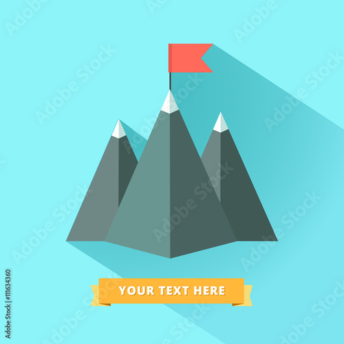 Success or Goal Achievement logo concept. Top of the mountains with red flag and ribbon for title or other text. Trendy flat icon with long shadow. Vector colorful illustration