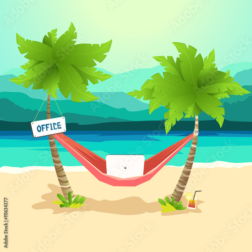 The best workplace, Work with pleasure. Hammock between palms, work with laptop on the beach. Working outdoor, outsource concept. Vector colorful illustration in material design
