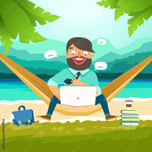 Dream work, The best work, Work with pleasure. Young man sitting in hammock on the beach and working with laptop. Working outdoor, outsource concept. Vector colorful illustration in material design