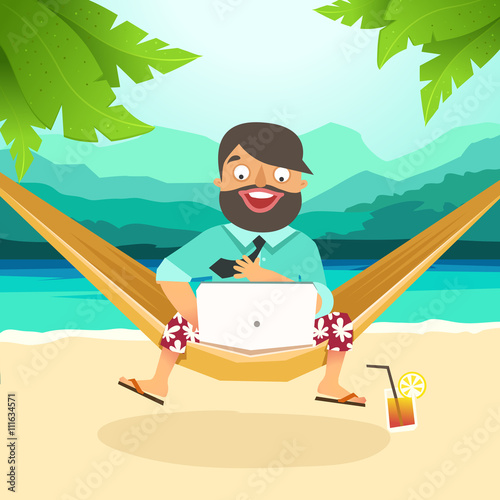 The best work, Work with pleasure. Young man sitting in hammock on the beach and working with laptop. Working outdoor, outsource concept. Vector colorful illustration in material design